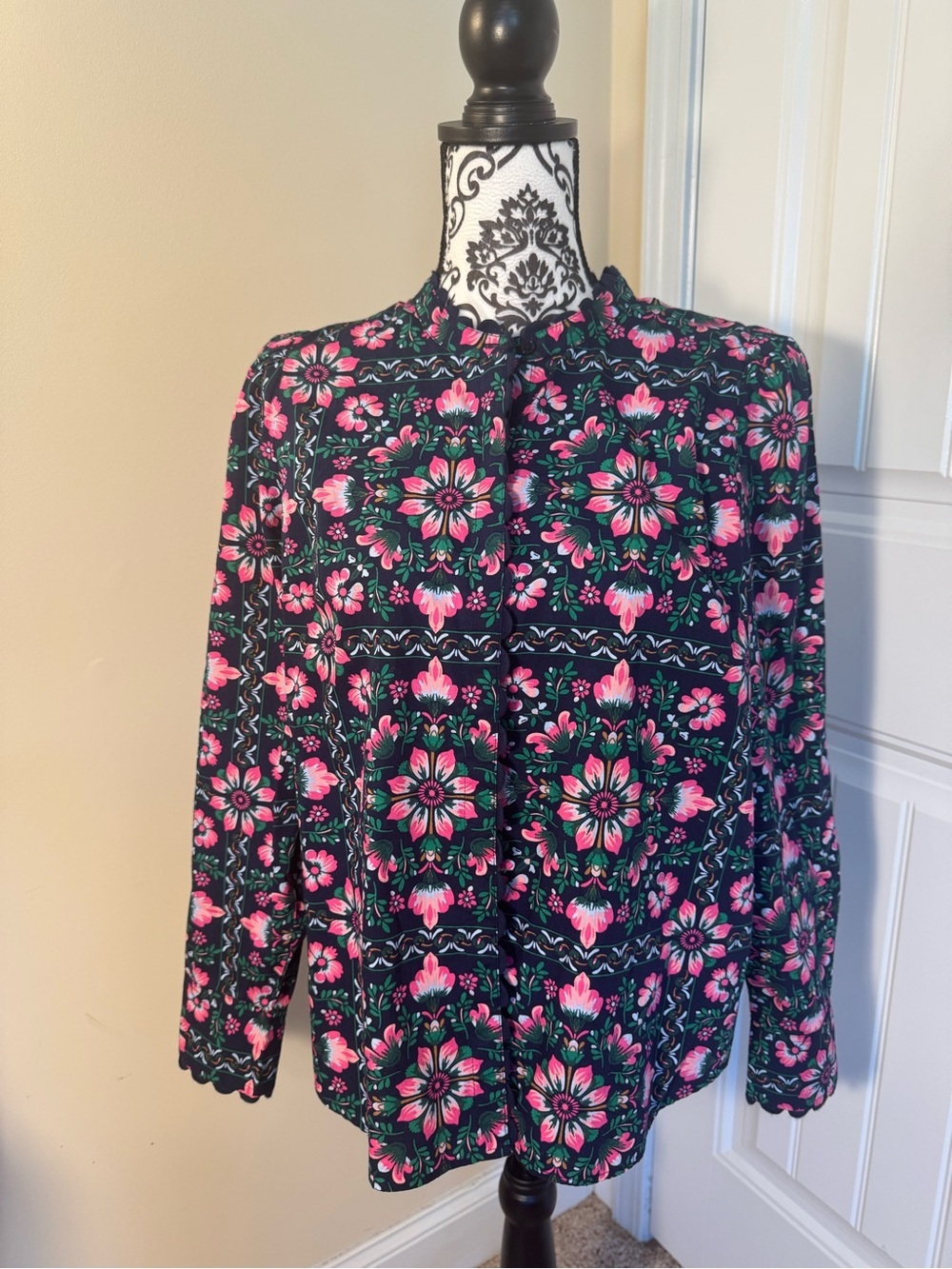 Crown & Ivy Black Floral Blouse with Pink & Green Pattern NWT